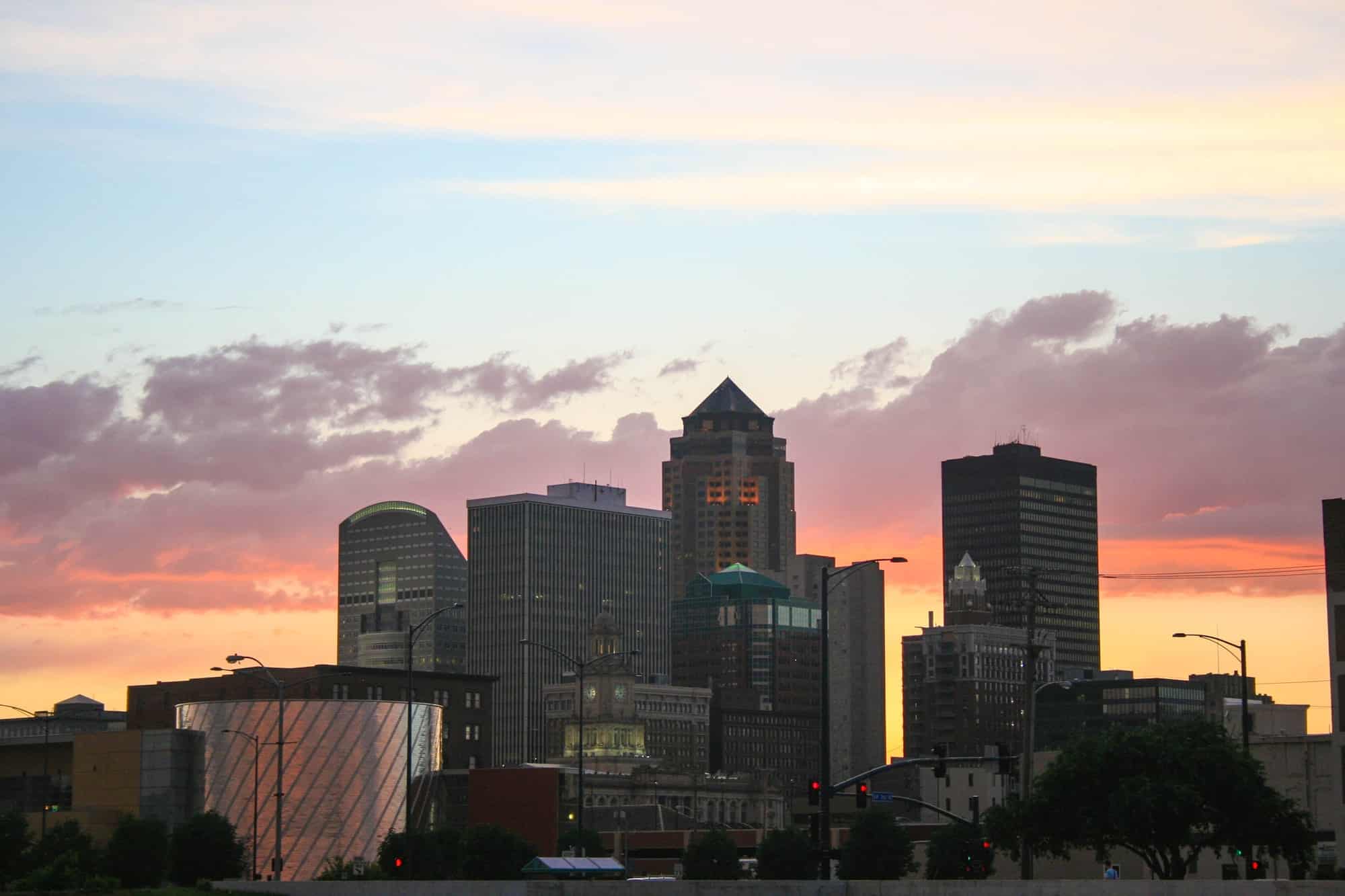 Downtown Des Moines, Iowa at sunset