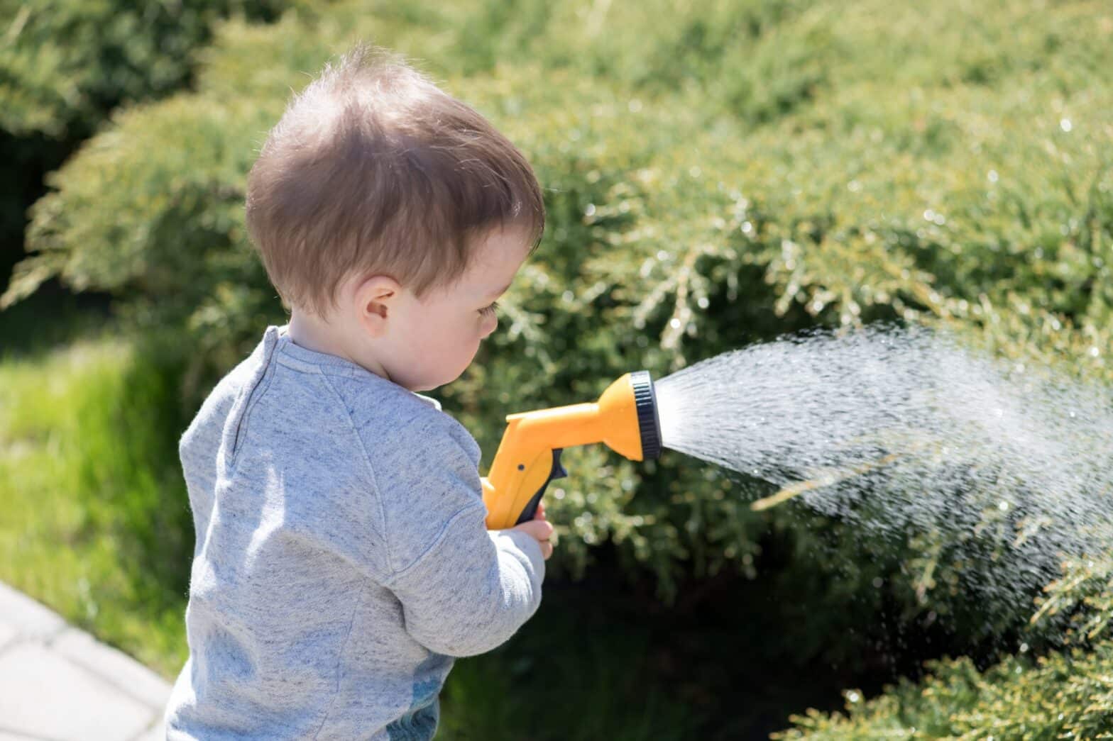 A boy watering soil
